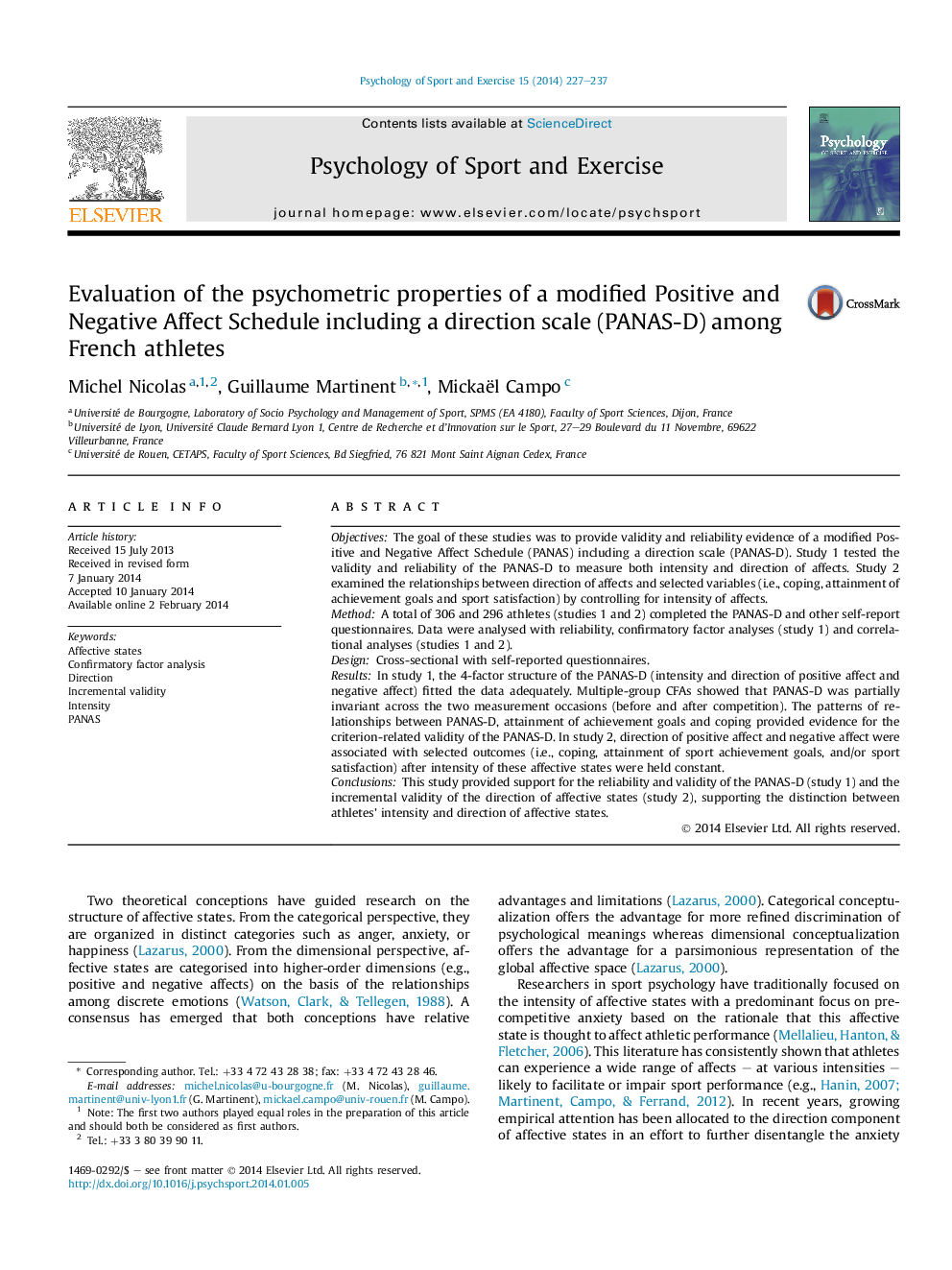 Evaluation of the psychometric properties of a modified Positive and Negative Affect Schedule including a direction scale (PANAS-D) among French athletes