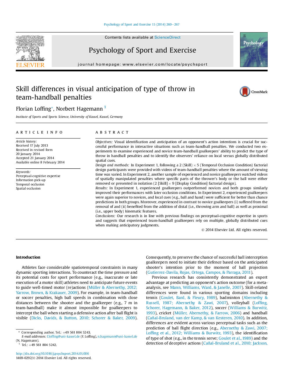 Skill differences in visual anticipation of type of throw in team-handball penalties