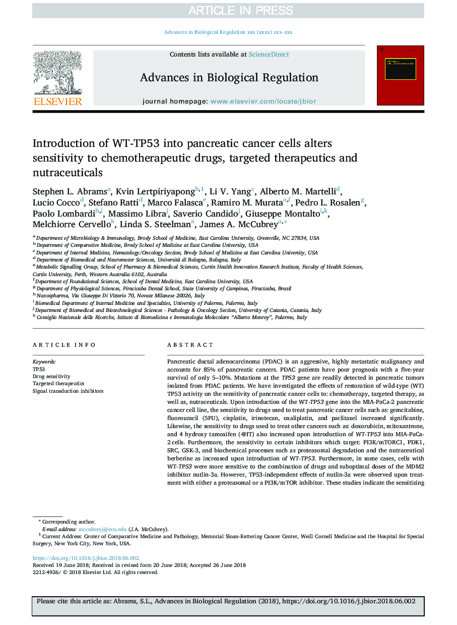 Introduction of WT-TP53 into pancreatic cancer cells alters sensitivity to chemotherapeutic drugs, targeted therapeutics and nutraceuticals