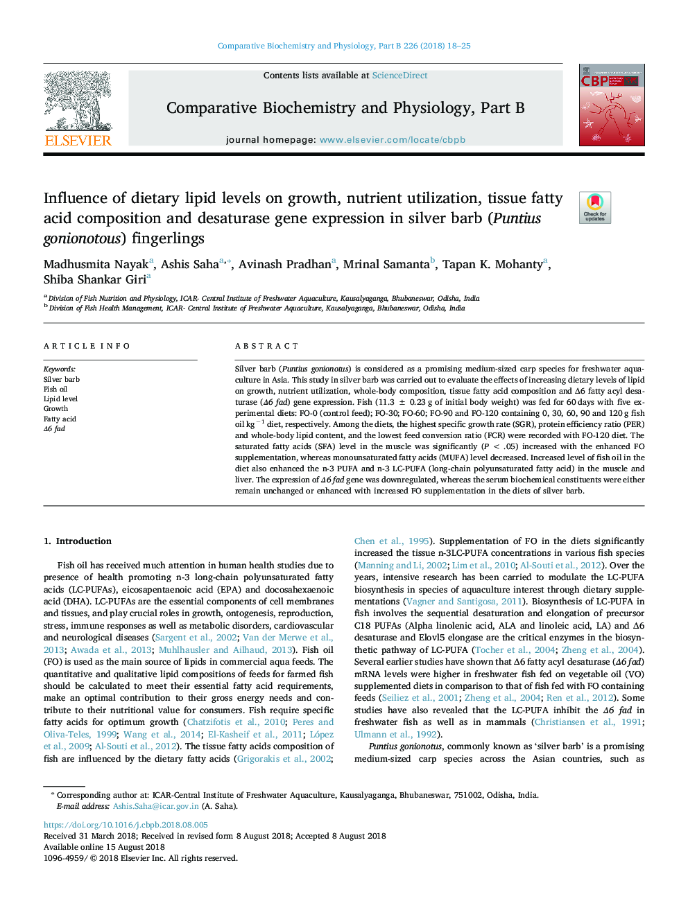 Influence of dietary lipid levels on growth, nutrient utilization, tissue fatty acid composition and desaturase gene expression in silver barb (Puntius gonionotous) fingerlings