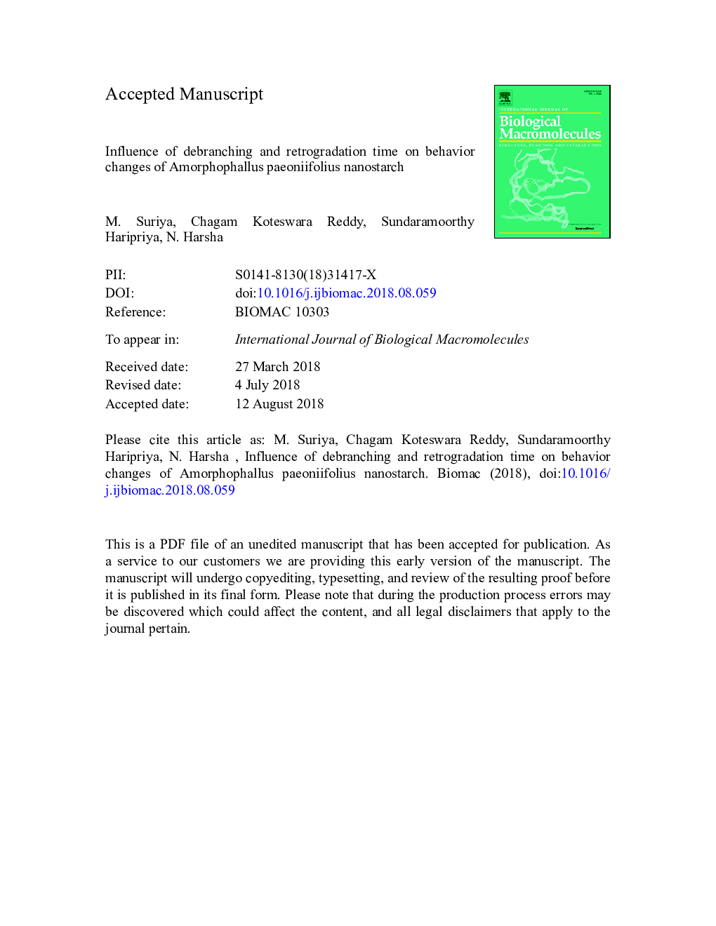 Influence of debranching and retrogradation time on behavior changes of Amorphophallus paeoniifolius nanostarch