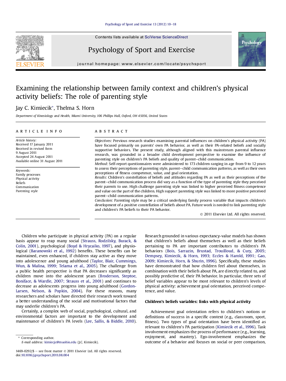 Examining the relationship between family context and children’s physical activity beliefs: The role of parenting style