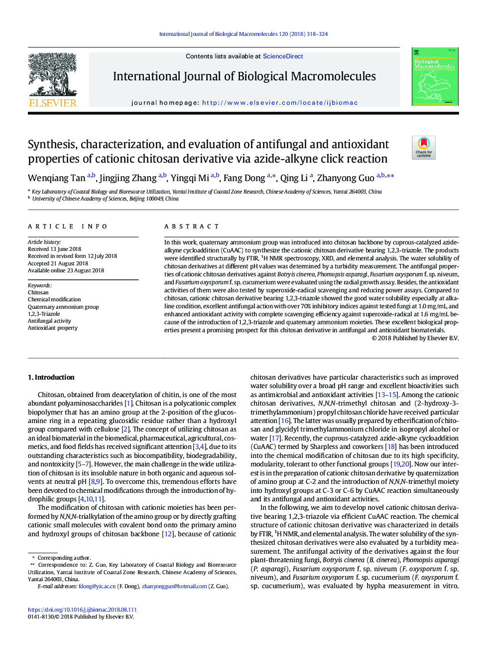 سنتز، خصوصیات و ارزیابی خواص ضد قارچی و آنتی اکسیدانی مشتق شده از کیتیون کیتوزان با استفاده از واکنش کلیک روی آیزید آلکین