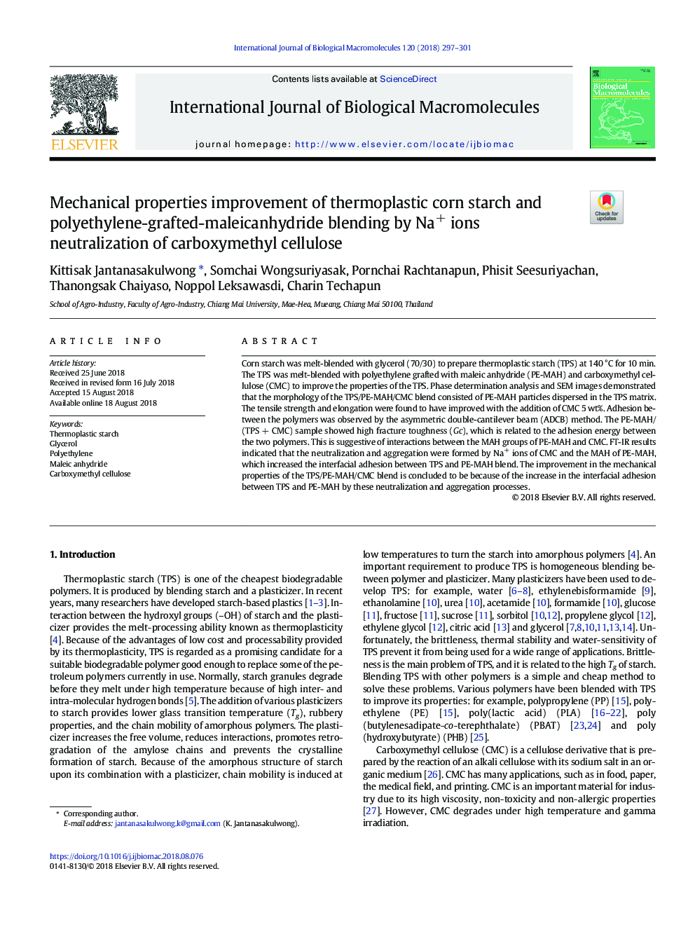 Mechanical properties improvement of thermoplastic corn starch and polyethylene-grafted-maleicanhydride blending by Na+ ions neutralization of carboxymethyl cellulose