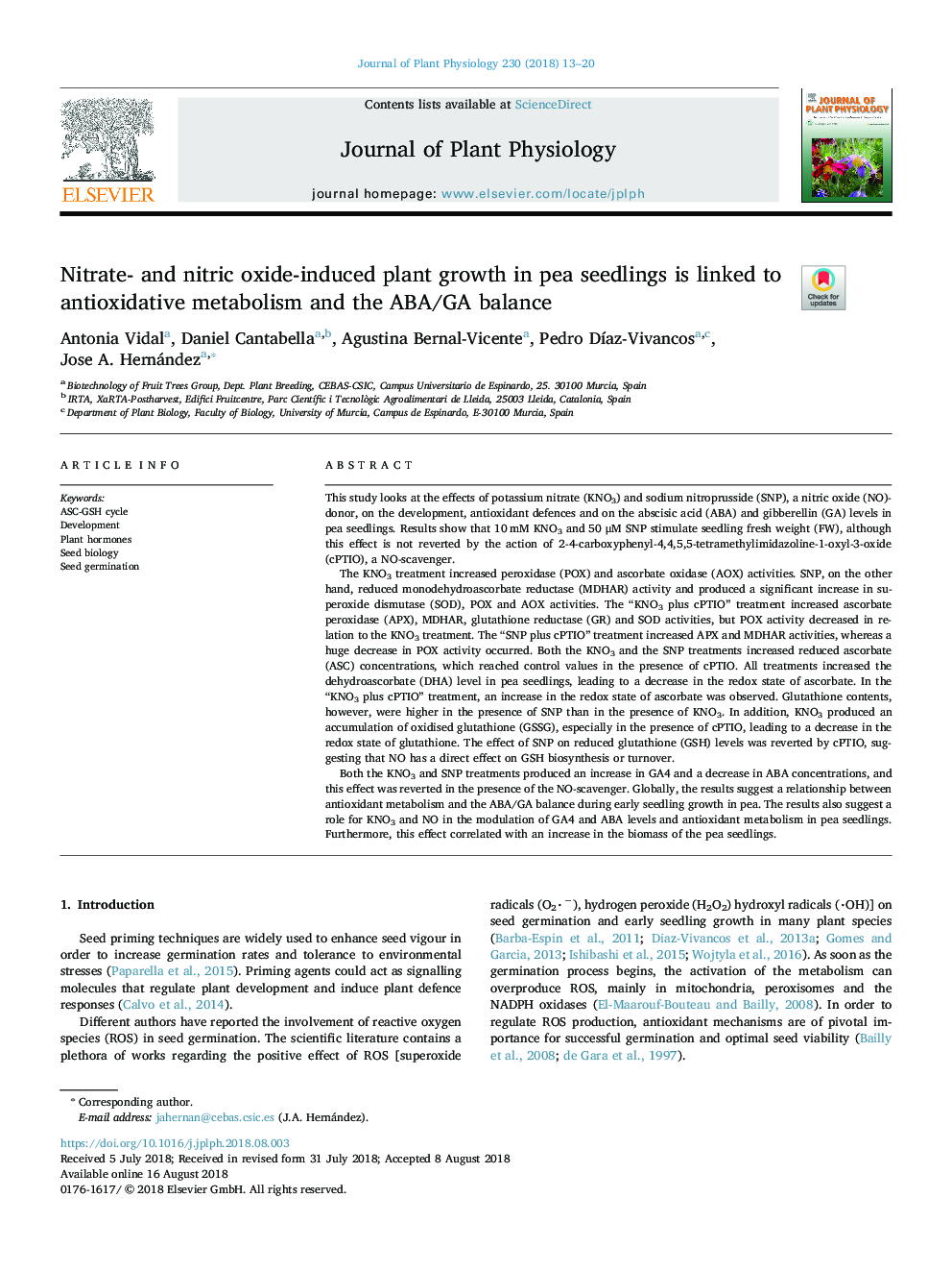 Nitrate- and nitric oxide-induced plant growth in pea seedlings is linked to antioxidative metabolism and the ABA/GA balance