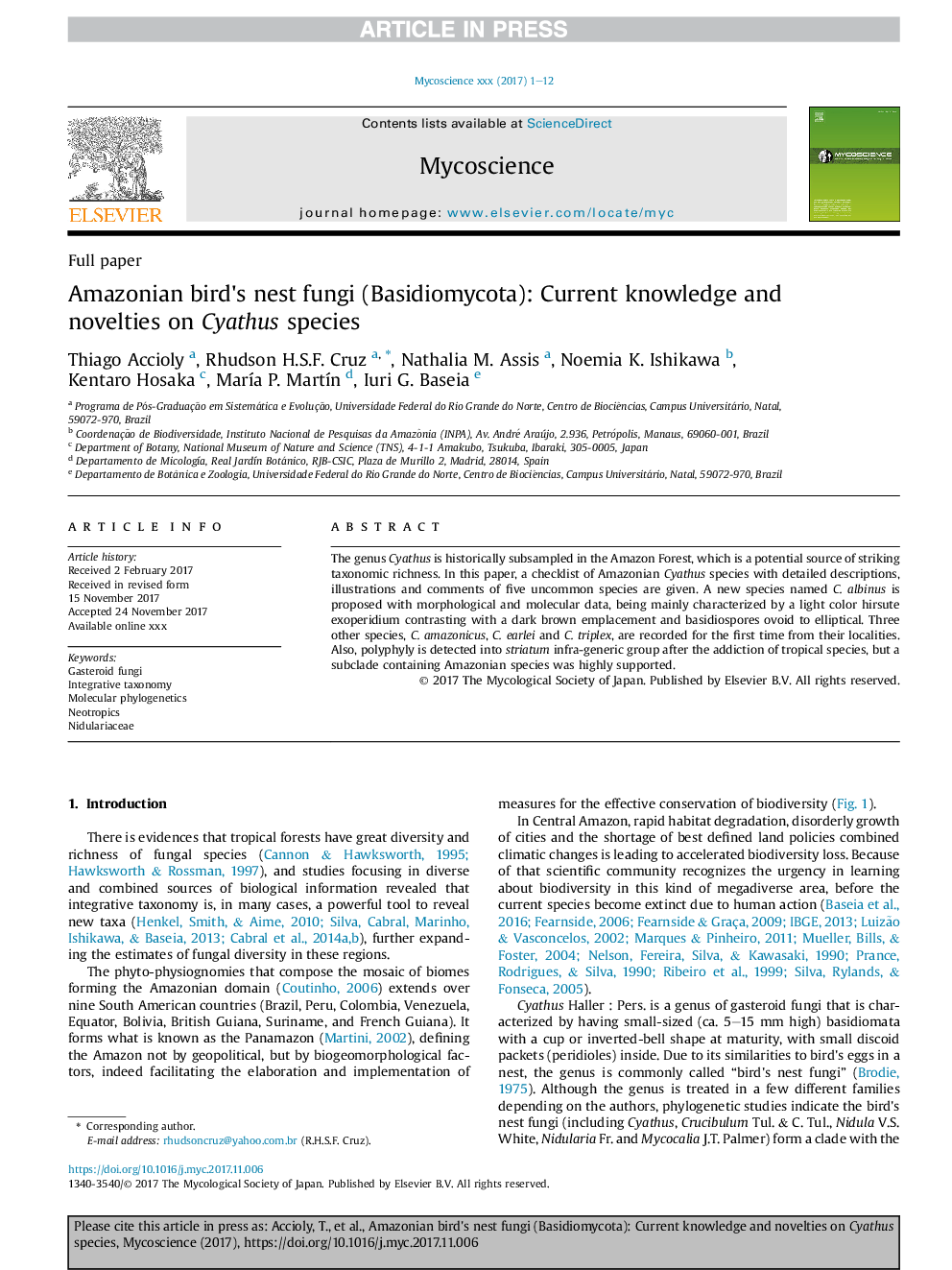 Amazonian bird's nest fungi (Basidiomycota): Current knowledge and novelties on Cyathus species