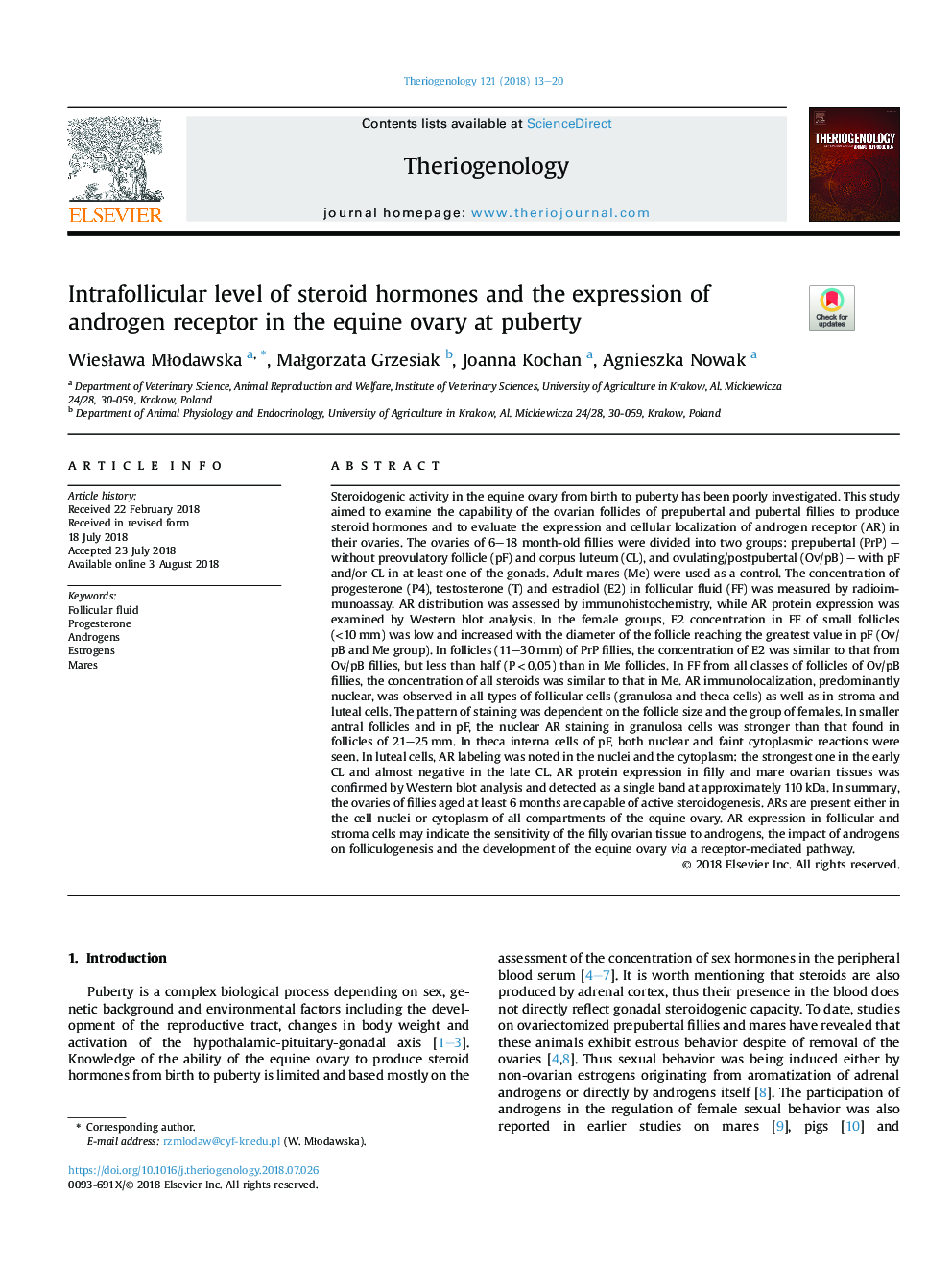 Intrafollicular level of steroid hormones and the expression of androgen receptor in the equine ovary at puberty