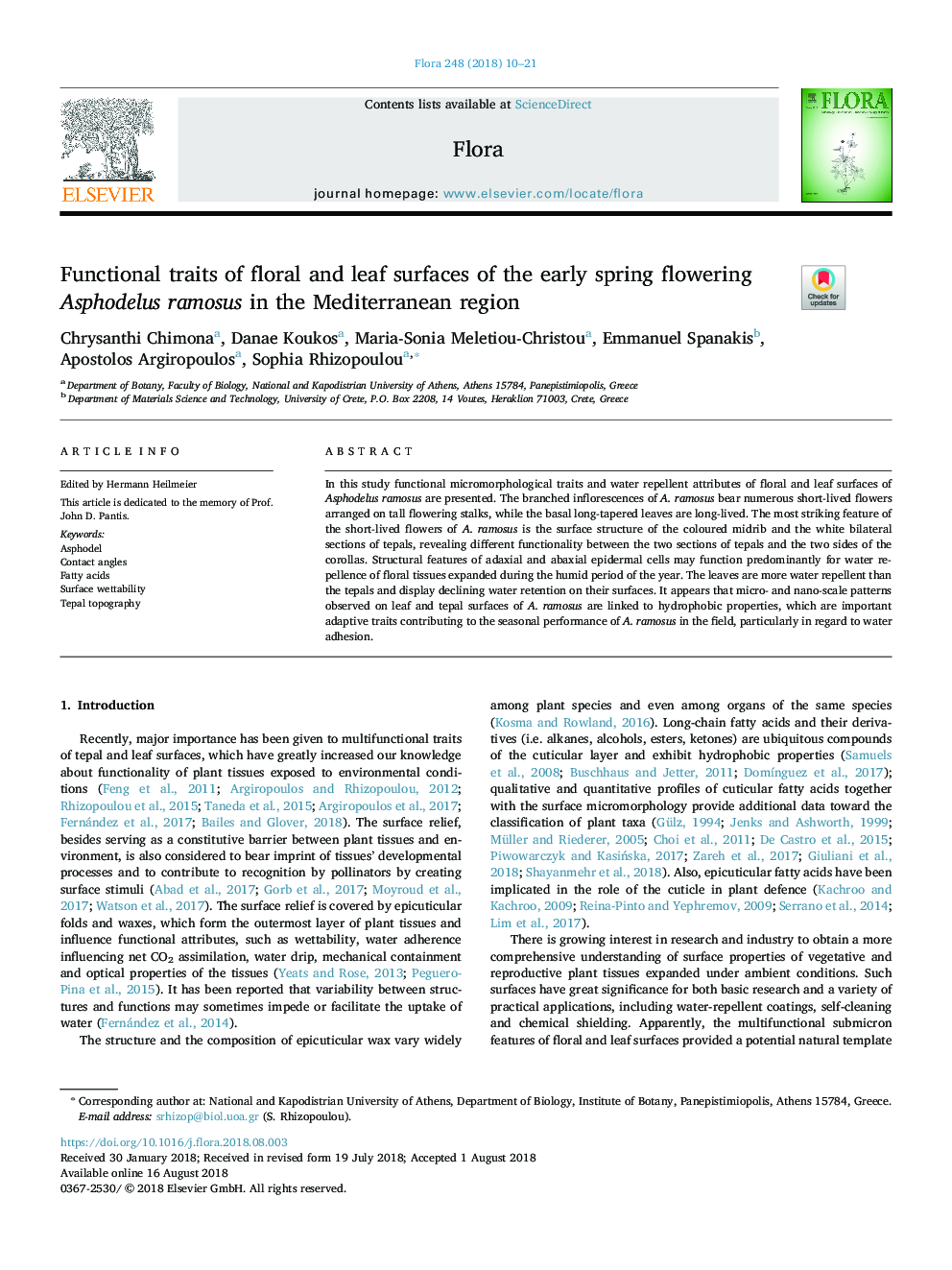 Functional traits of floral and leaf surfaces of the early spring flowering Asphodelus ramosus in the Mediterranean region