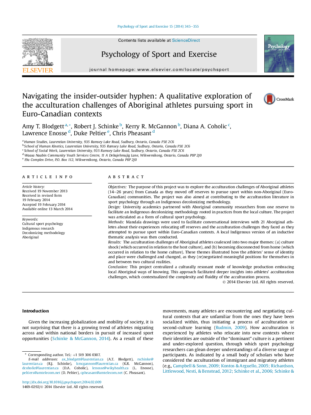 Navigating the insider-outsider hyphen: A qualitative exploration of the acculturation challenges of Aboriginal athletes pursuing sport in Euro-Canadian contexts