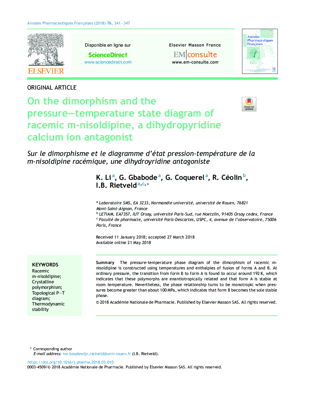 On the dimorphism and the pressure-temperature state diagram of racemic m-nisoldipine, a dihydropyridine calcium ion antagonist