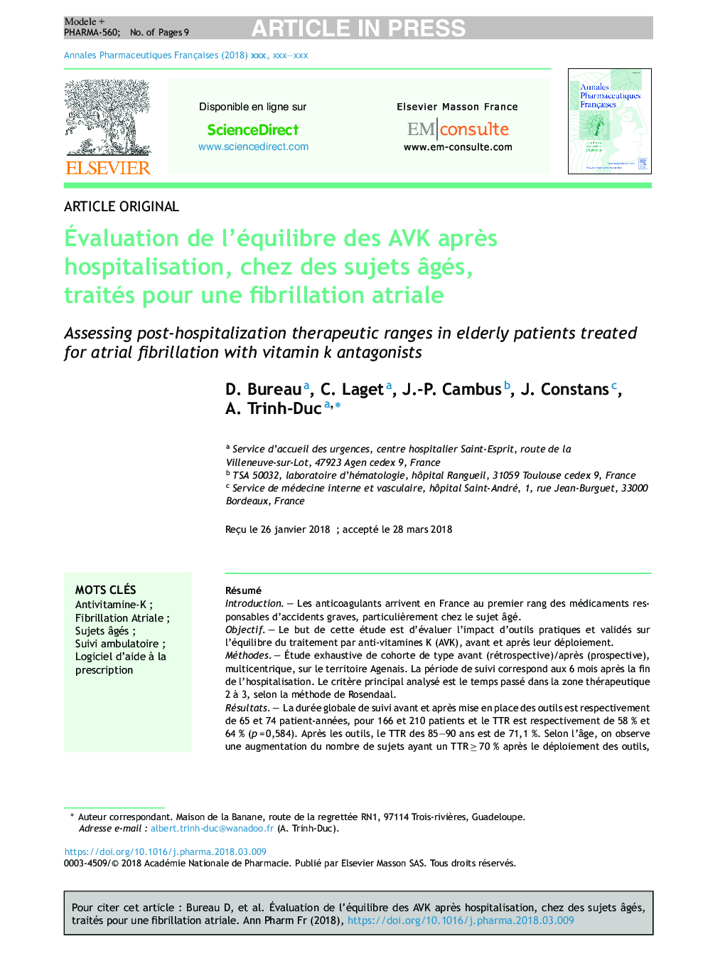 Ãvaluation de l'équilibre des AVK aprÃ¨s hospitalisation, chez des sujets Ã¢gés, traités pour une fibrillation atriale