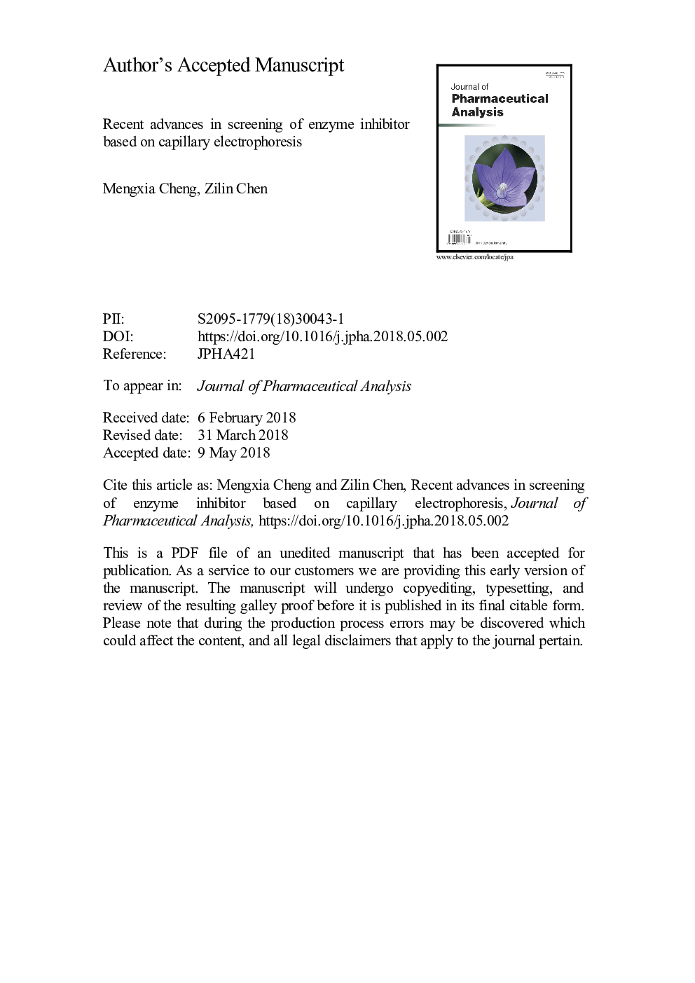 Recent advances in screening of enzymes inhibitors based on capillary electrophoresis