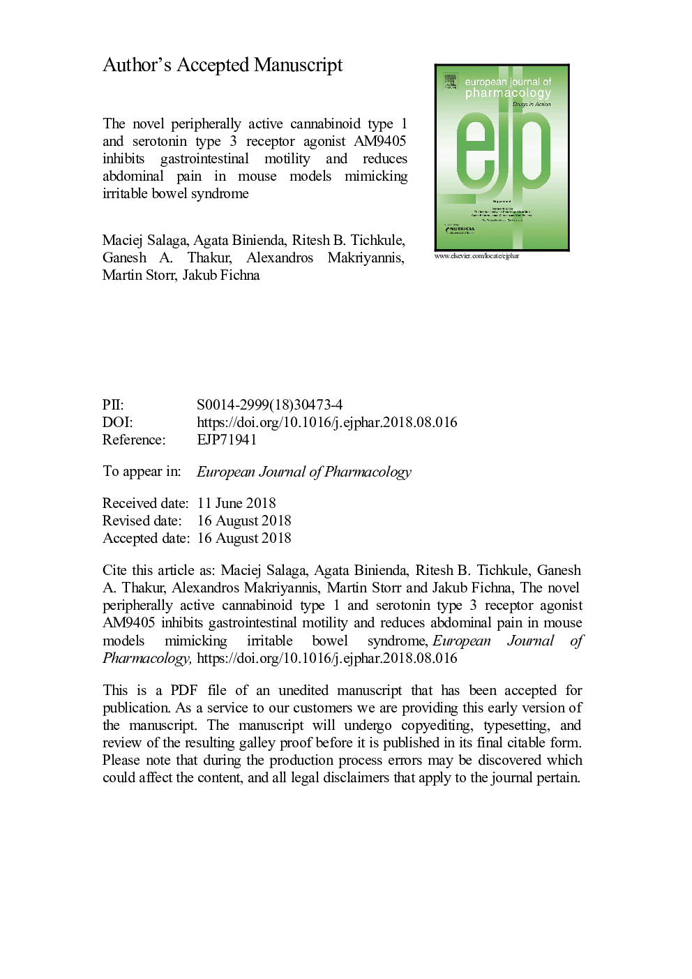 The novel peripherally active cannabinoid type 1 and serotonin type 3 receptor agonist AM9405 inhibits gastrointestinal motility and reduces abdominal pain in mouse models mimicking irritable bowel syndrome