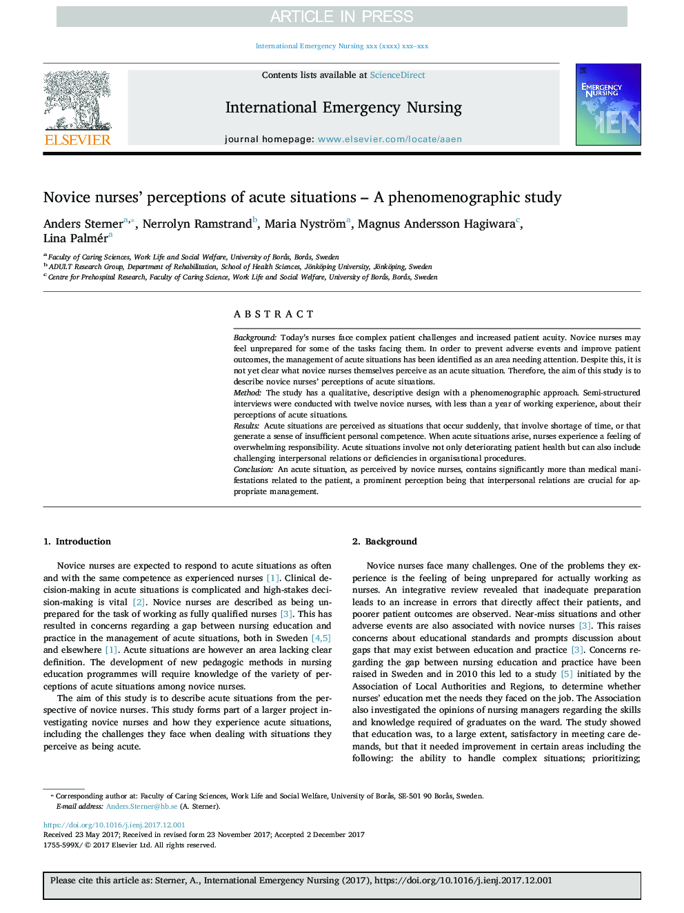 Novice nurses' perceptions of acute situations - A phenomenographic study