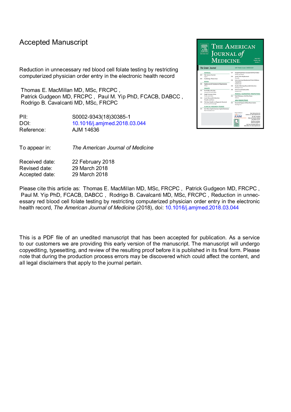 Reduction in Unnecessary Red Blood Cell Folate Testing by Restricting Computerized Physician Order Entry in the Electronic Health Record