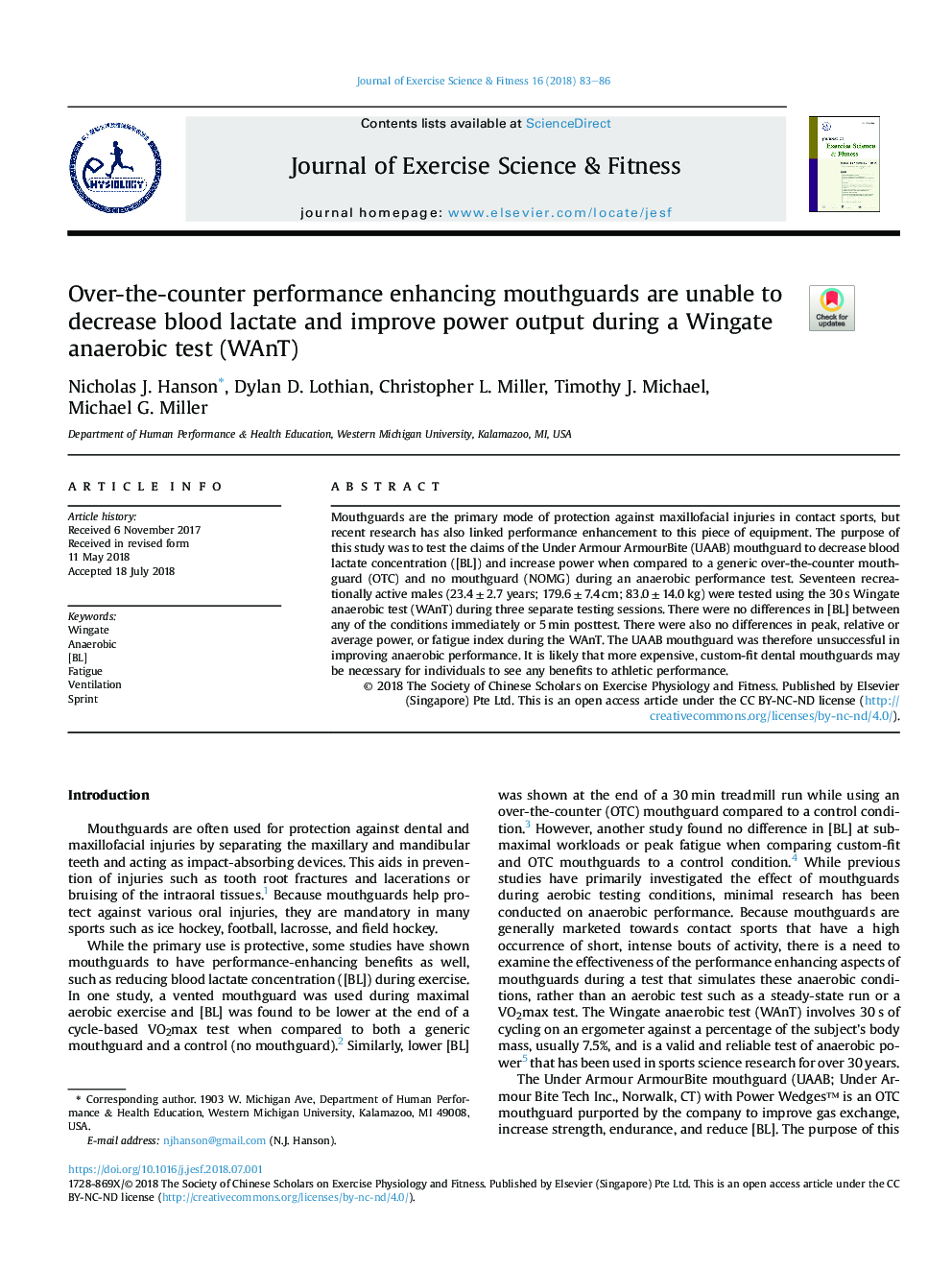 Over-the-counter performance enhancing mouthguards are unable to decrease blood lactate and improve power output during a Wingate anaerobic test (WAnT)