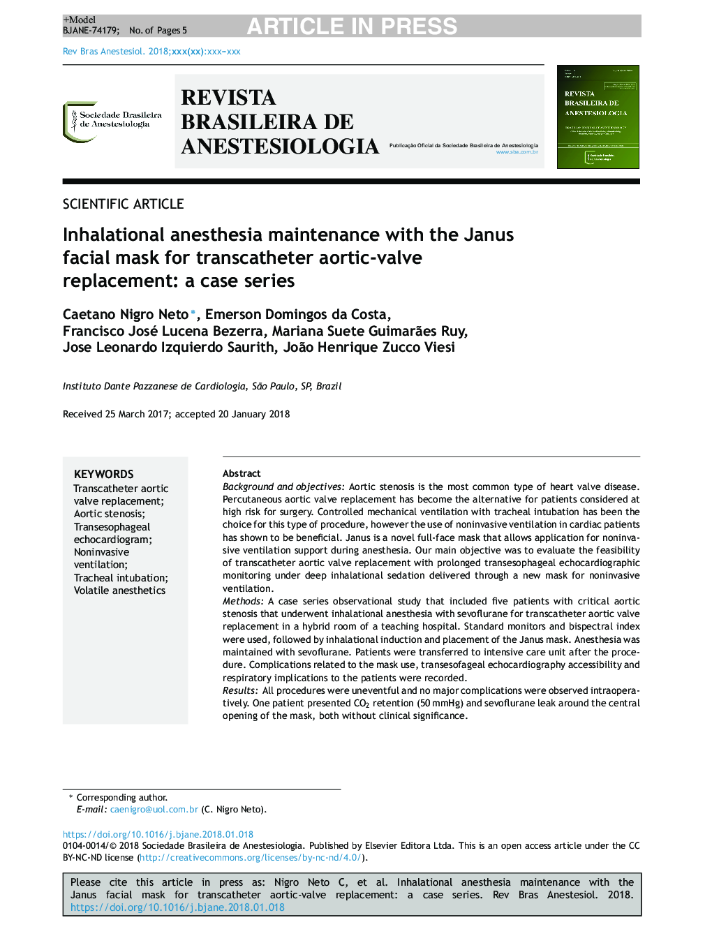 Inhalational anesthesia maintenance with the Janus facial mask for transcatheter aortic-valve replacement: a case series