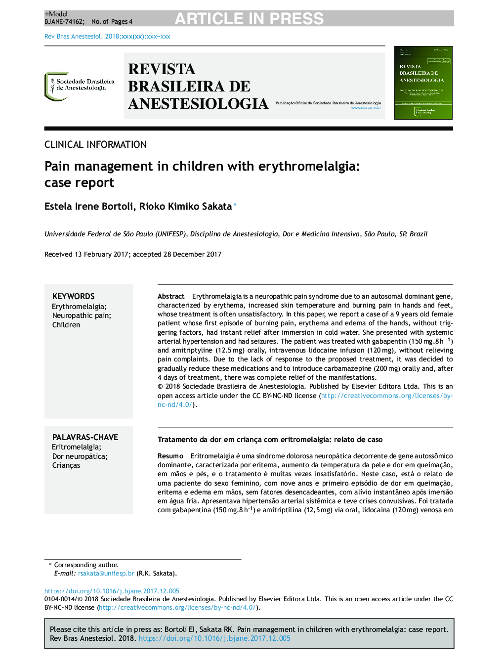 Pain management in children with erythromelalgia: case report