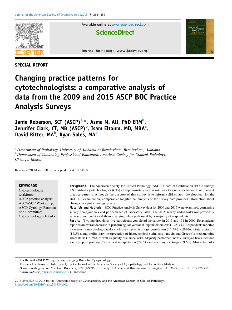 Changing practice patterns for cytotechnologists: a comparative analysis of data from the 2009 and 2015 ASCP BOC Practice Analysis Surveys