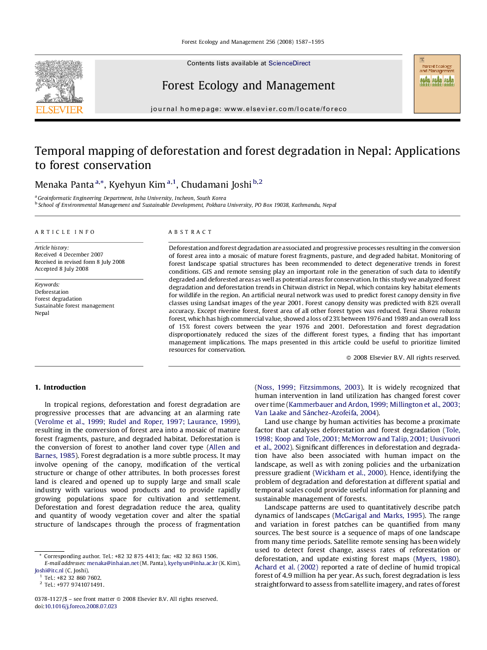 Temporal mapping of deforestation and forest degradation in Nepal: Applications to forest conservation