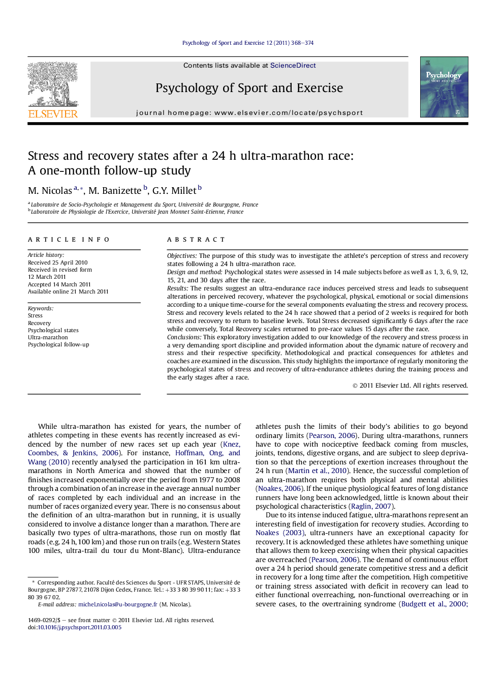 Stress and recovery states after a 24 h ultra-marathon race: A one-month follow-up study