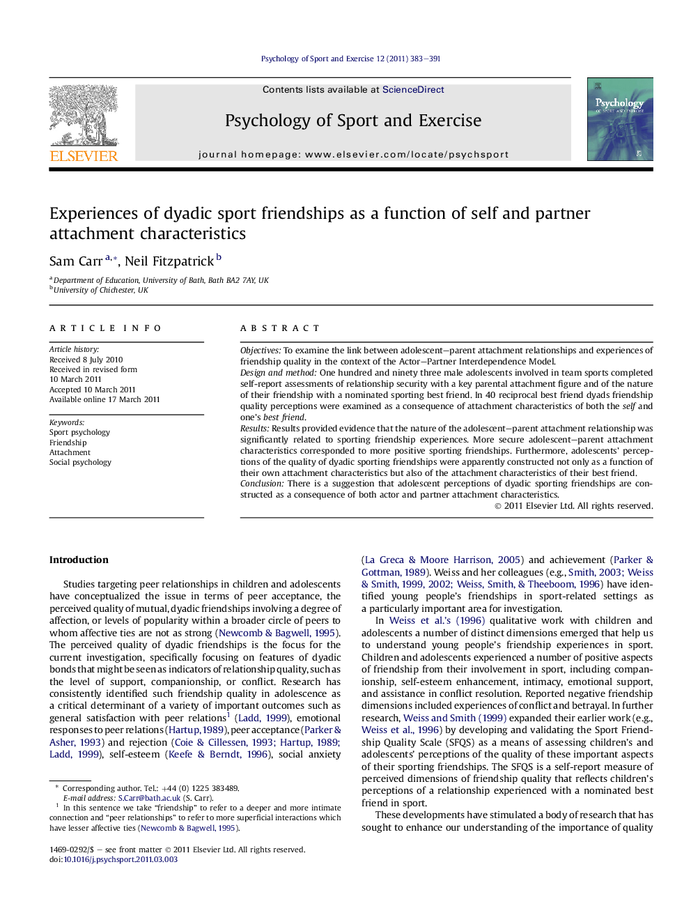 Experiences of dyadic sport friendships as a function of self and partner attachment characteristics