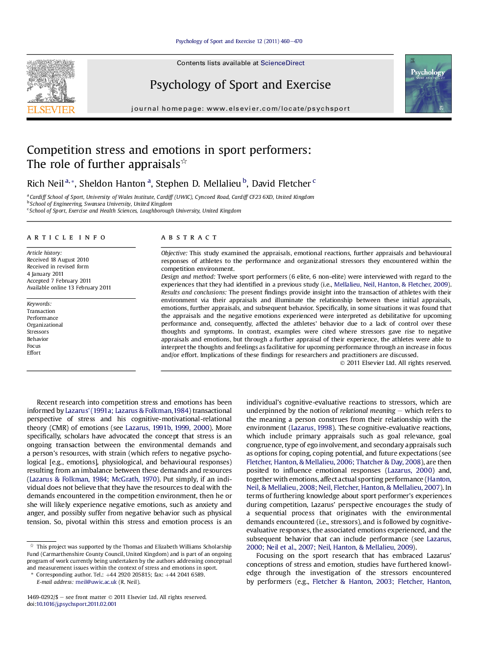 Competition stress and emotions in sport performers: The role of further appraisals 