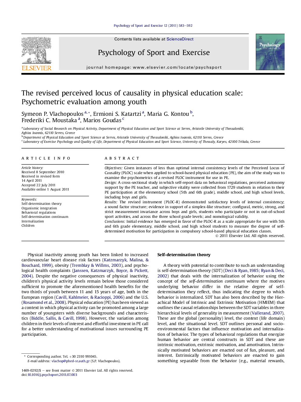 The revised perceived locus of causality in physical education scale: Psychometric evaluation among youth