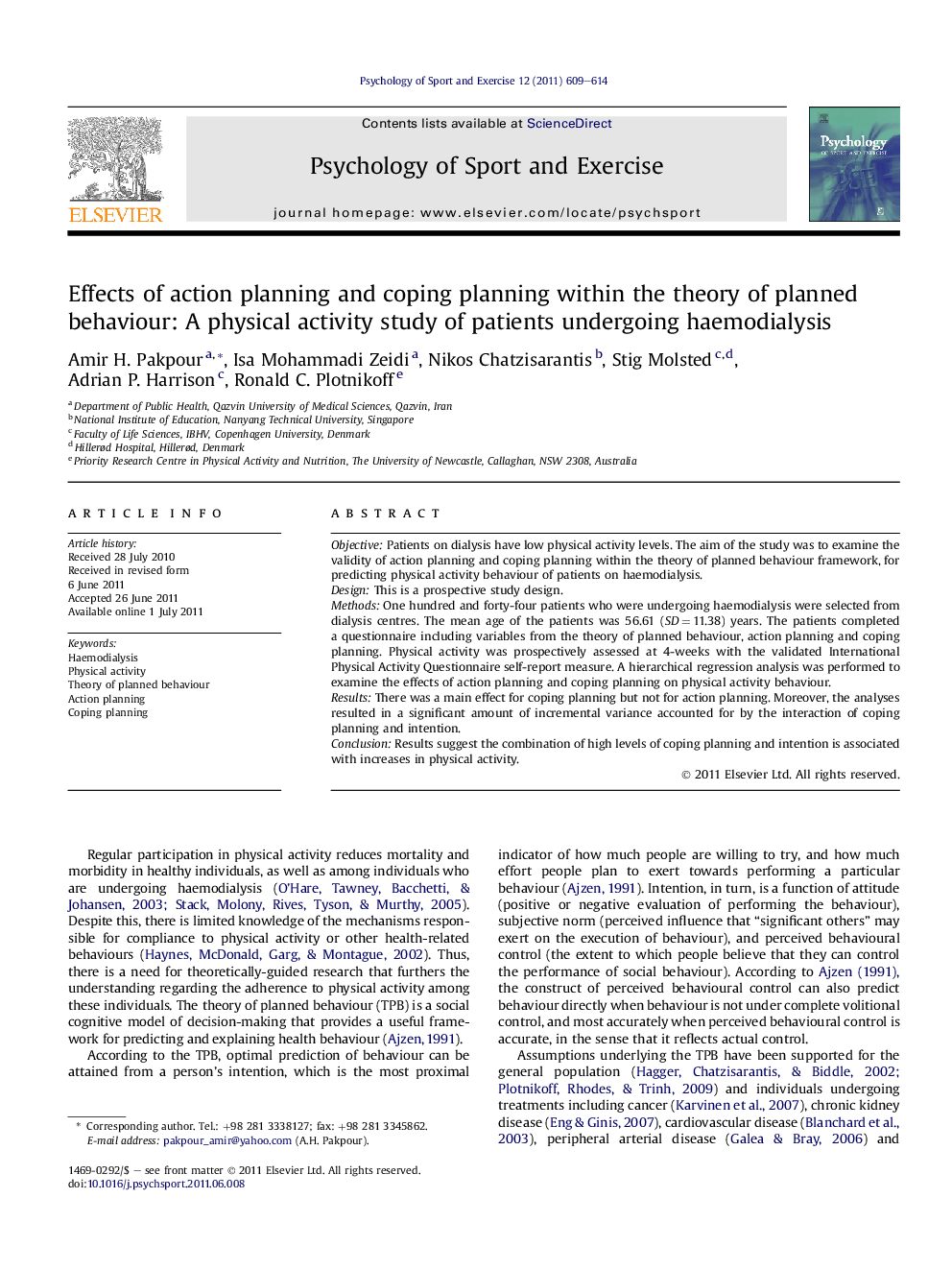 Effects of action planning and coping planning within the theory of planned behaviour: A physical activity study of patients undergoing haemodialysis