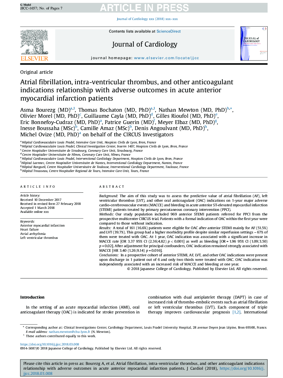 Atrial fibrillation, intra-ventricular thrombus, and other anticoagulant indications relationship with adverse outcomes in acute anterior myocardial infarction patients