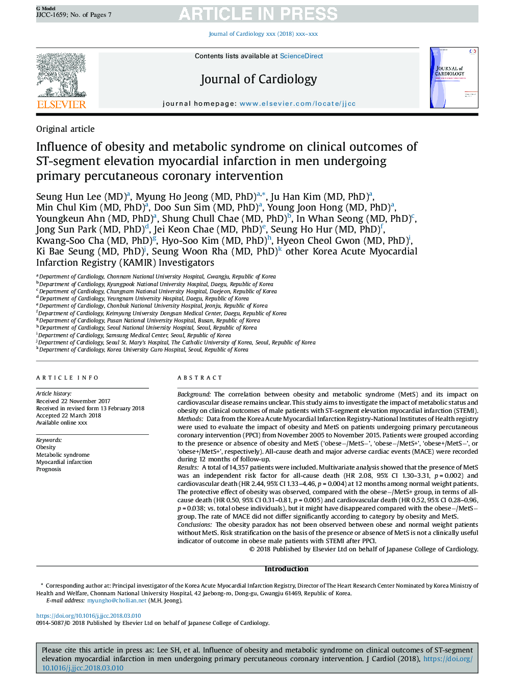 Influence of obesity and metabolic syndrome on clinical outcomes of ST-segment elevation myocardial infarction in men undergoing primary percutaneous coronary intervention