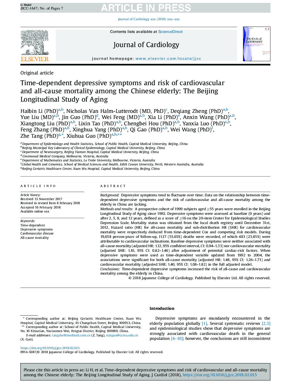 Time-dependent depressive symptoms and risk of cardiovascular and all-cause mortality among the Chinese elderly: The Beijing Longitudinal Study of Aging