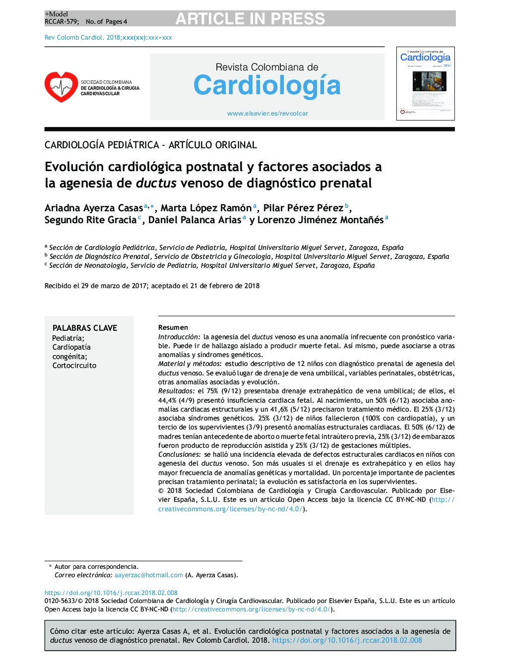 Evolución cardiológica postnatal y factores asociados a la agenesia de ductus venoso de diagnóstico prenatal