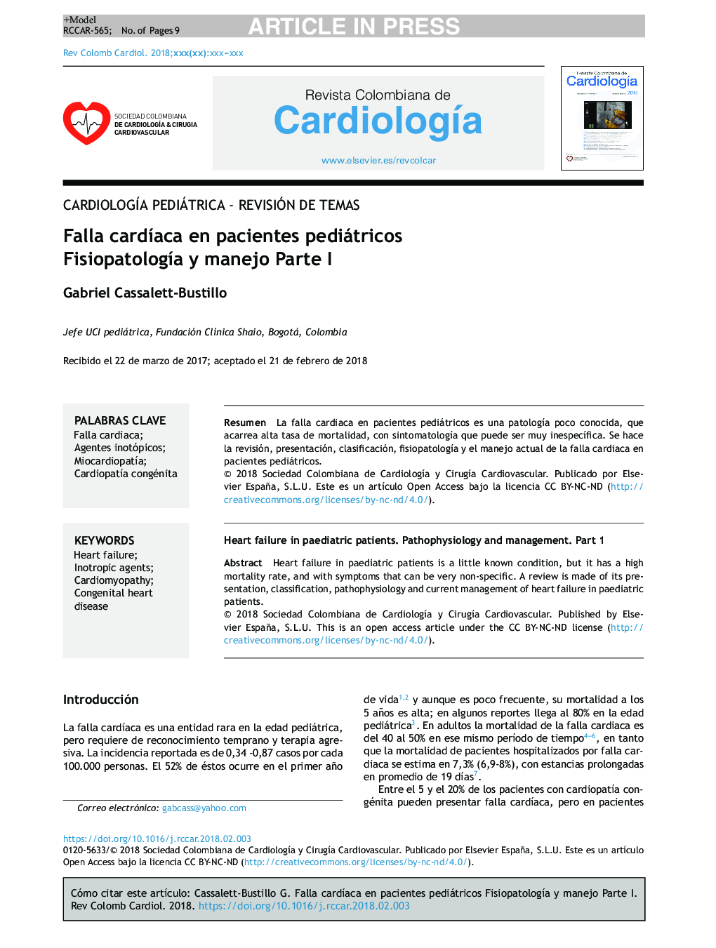 Falla cardÃ­aca en pacientes pediátricos. FisiopatologÃ­a y manejo. Parte I