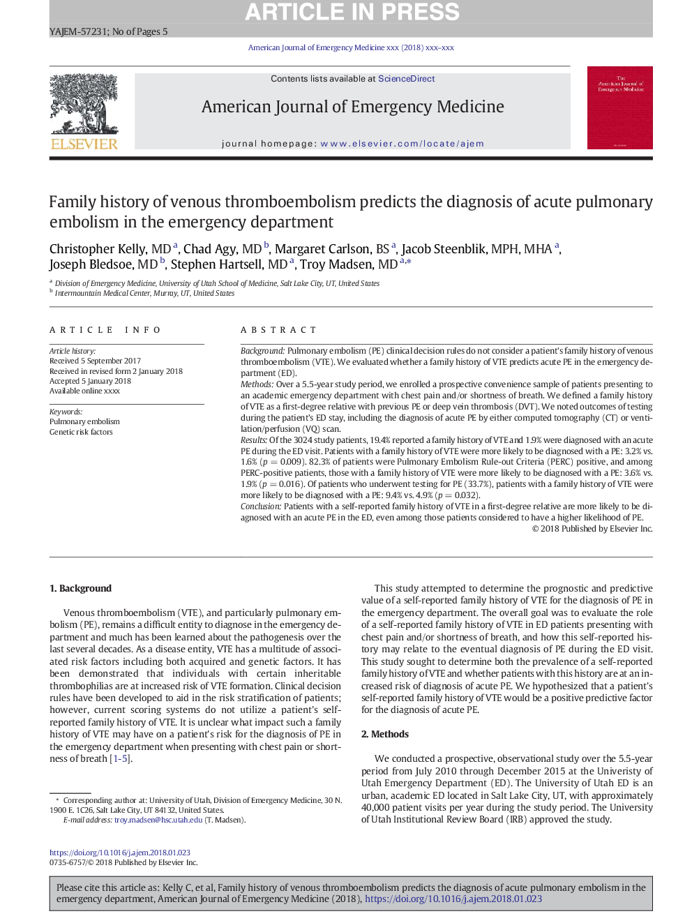 Family history of venous thromboembolism predicts the diagnosis of acute pulmonary embolism in the emergency department