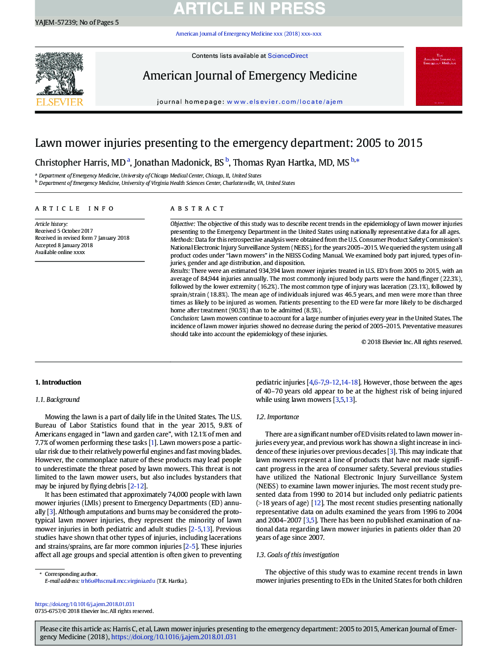 Lawn mower injuries presenting to the emergency department: 2005 to 2015