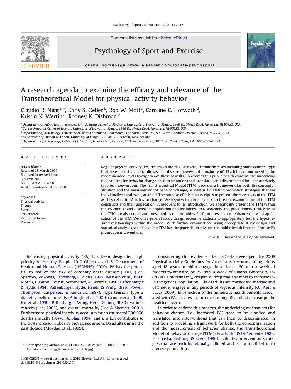 A research agenda to examine the efficacy and relevance of the Transtheoretical Model for physical activity behavior