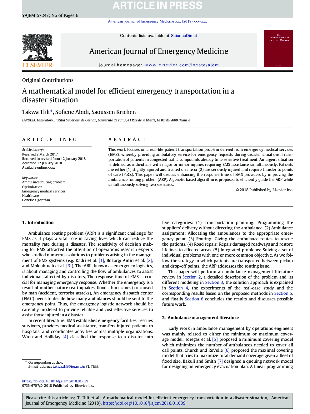 A mathematical model for efficient emergency transportation in a disaster situation