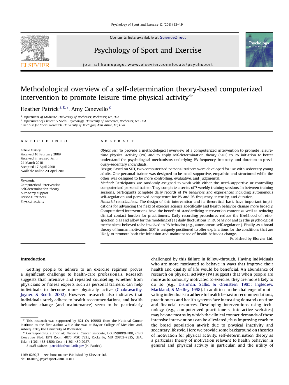 Methodological overview of a self-determination theory-based computerized intervention to promote leisure-time physical activity 