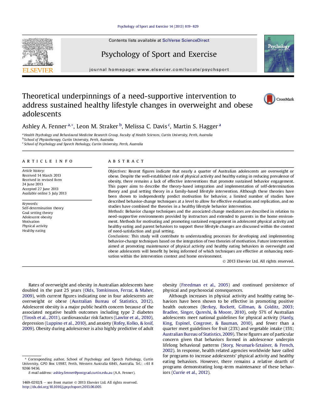 Theoretical underpinnings of a need-supportive intervention to address sustained healthy lifestyle changes in overweight and obese adolescents