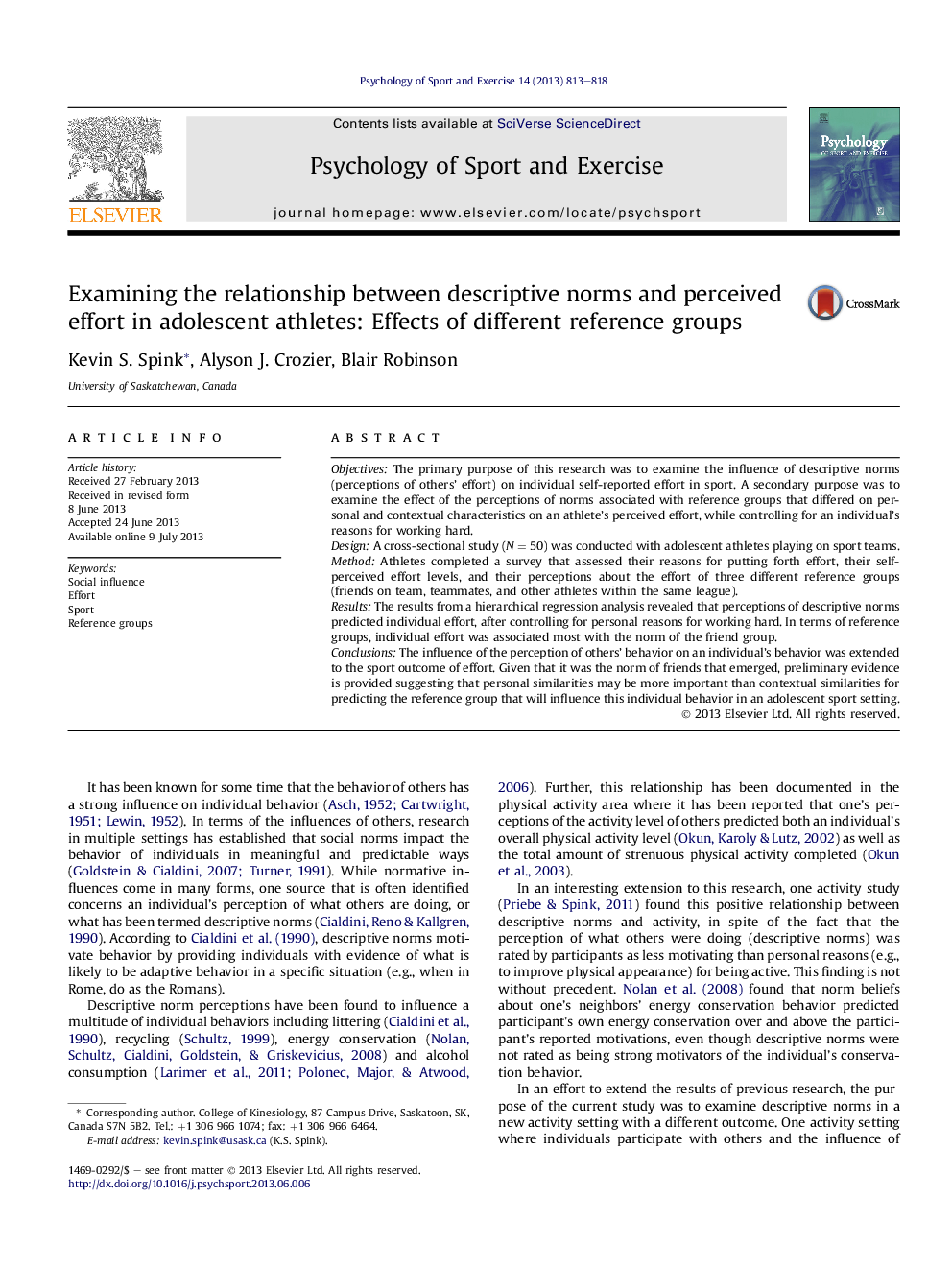 عکس صفحه اول مقاله: Examining the relationship between descriptive norms and perceived effort in adolescent athletes: Effects of different reference groups Examining the relationship between descriptive norms and perceived effort in adolescent athletes: Effects of different reference groups