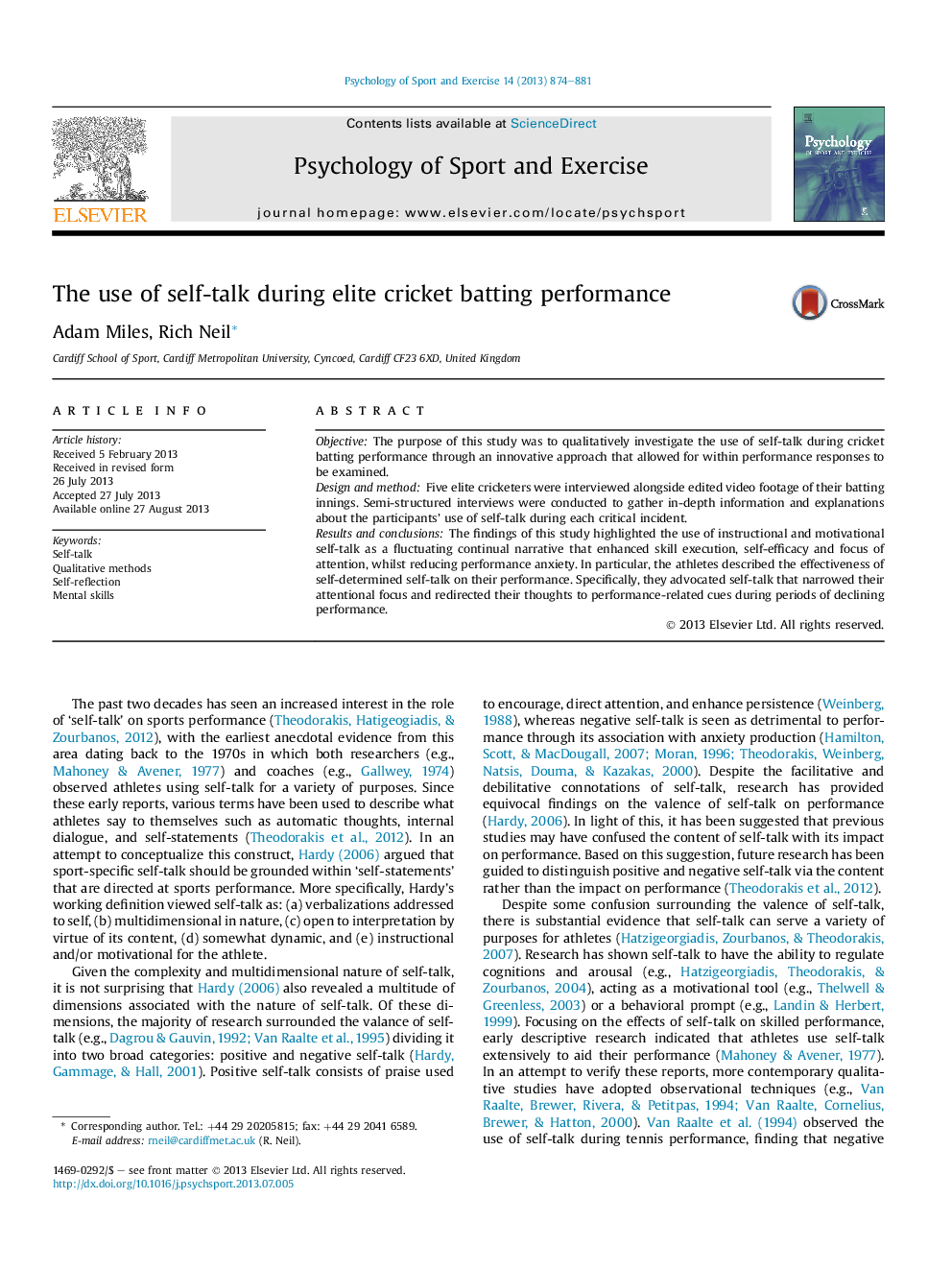 The use of self-talk during elite cricket batting performance