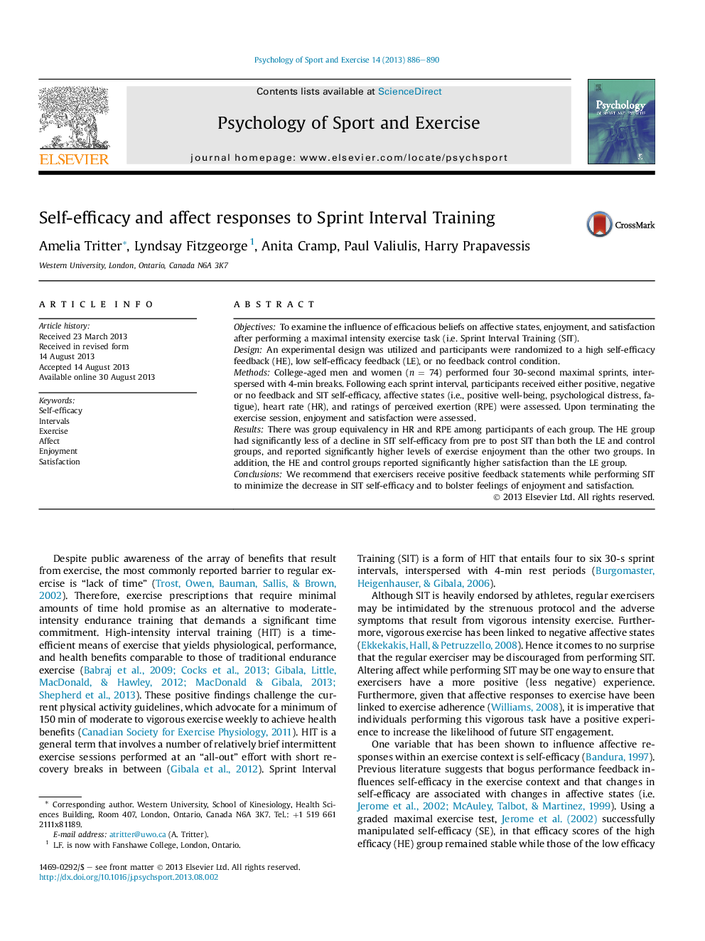 Self-efficacy and affect responses to Sprint Interval Training