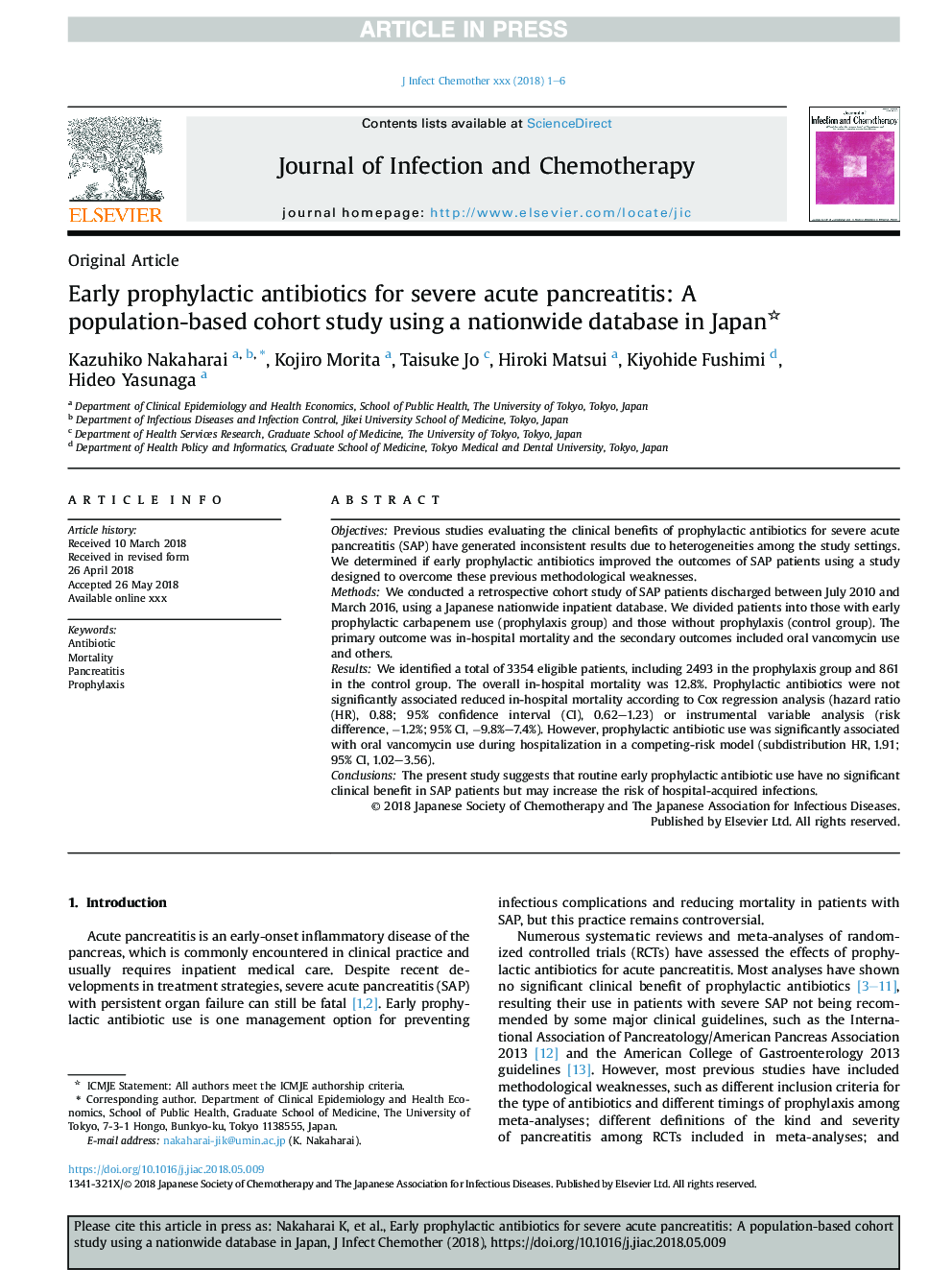 آنتی بیوتیک های پیشگیرانه اولیه برای پانکراتیت حاد شدید: یک مطالعه کوهورت مبتنی بر جمعیت با استفاده از یک پایگاه داده در سراسر کشور در ژاپن