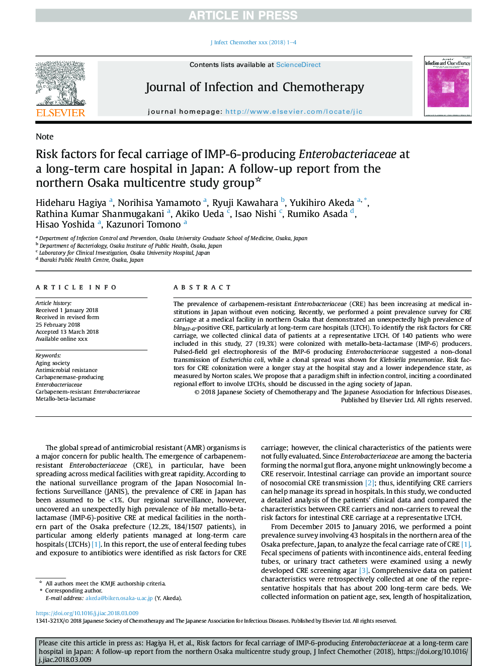 Risk factors for fecal carriage of IMP-6-producing Enterobacteriaceae at a long-term care hospital in Japan: A follow-up report from the northern Osaka multicentre study group