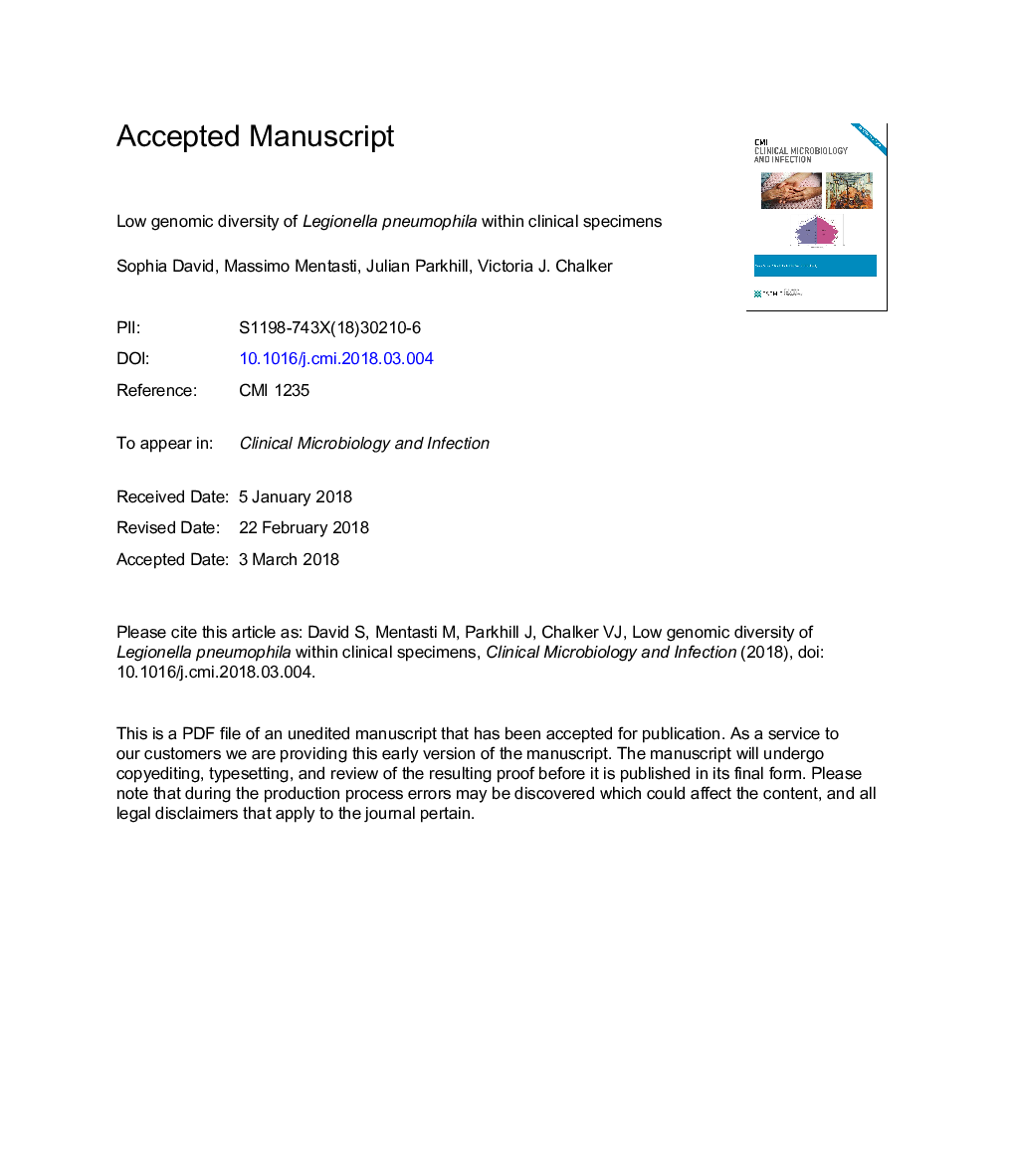 Low genomic diversity of Legionella pneumophila within clinical specimens