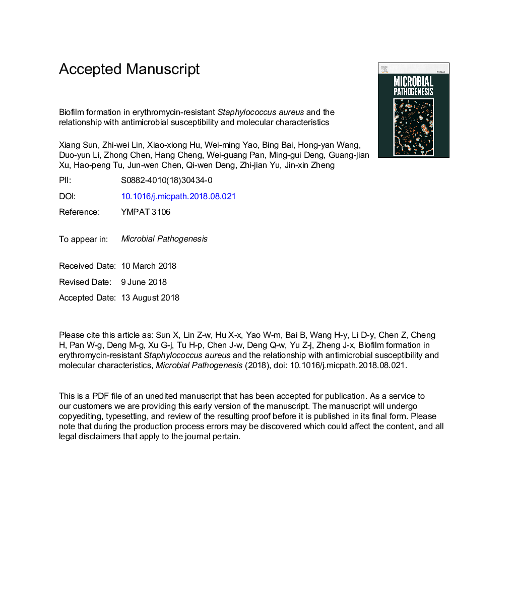 Biofilm formation in erythromycin-resistant Staphylococcus aureus and the relationship with antimicrobial susceptibility and molecular characteristics