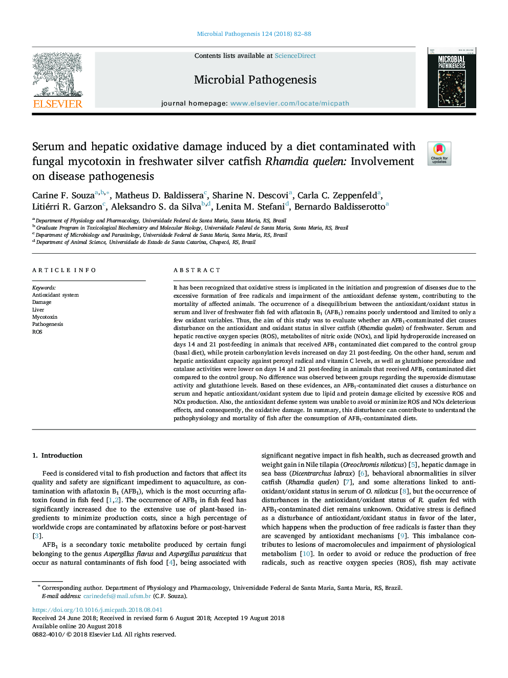 Serum and hepatic oxidative damage induced by a diet contaminated with fungal mycotoxin in freshwater silver catfish Rhamdia quelen: Involvement on disease pathogenesis