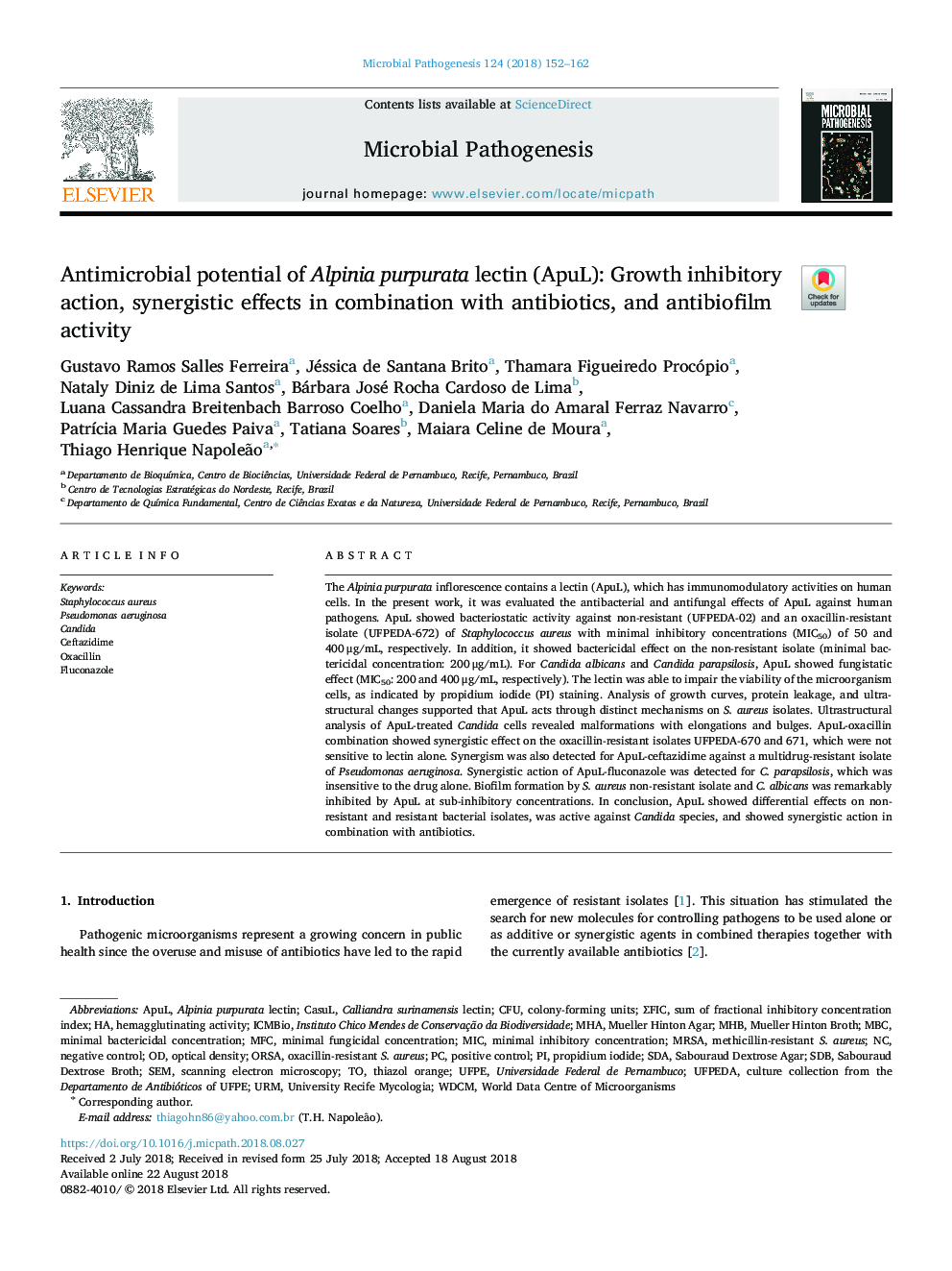 Antimicrobial potential of Alpinia purpurata lectin (ApuL): Growth inhibitory action, synergistic effects in combination with antibiotics, and antibiofilm activity