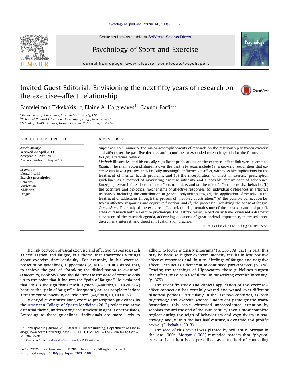 Invited Guest Editorial: Envisioning the next fifty years of research on the exercise–affect relationship